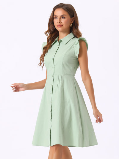 Office Ruffled Sleeve Belted Cotton Button Midi Shirt Dress