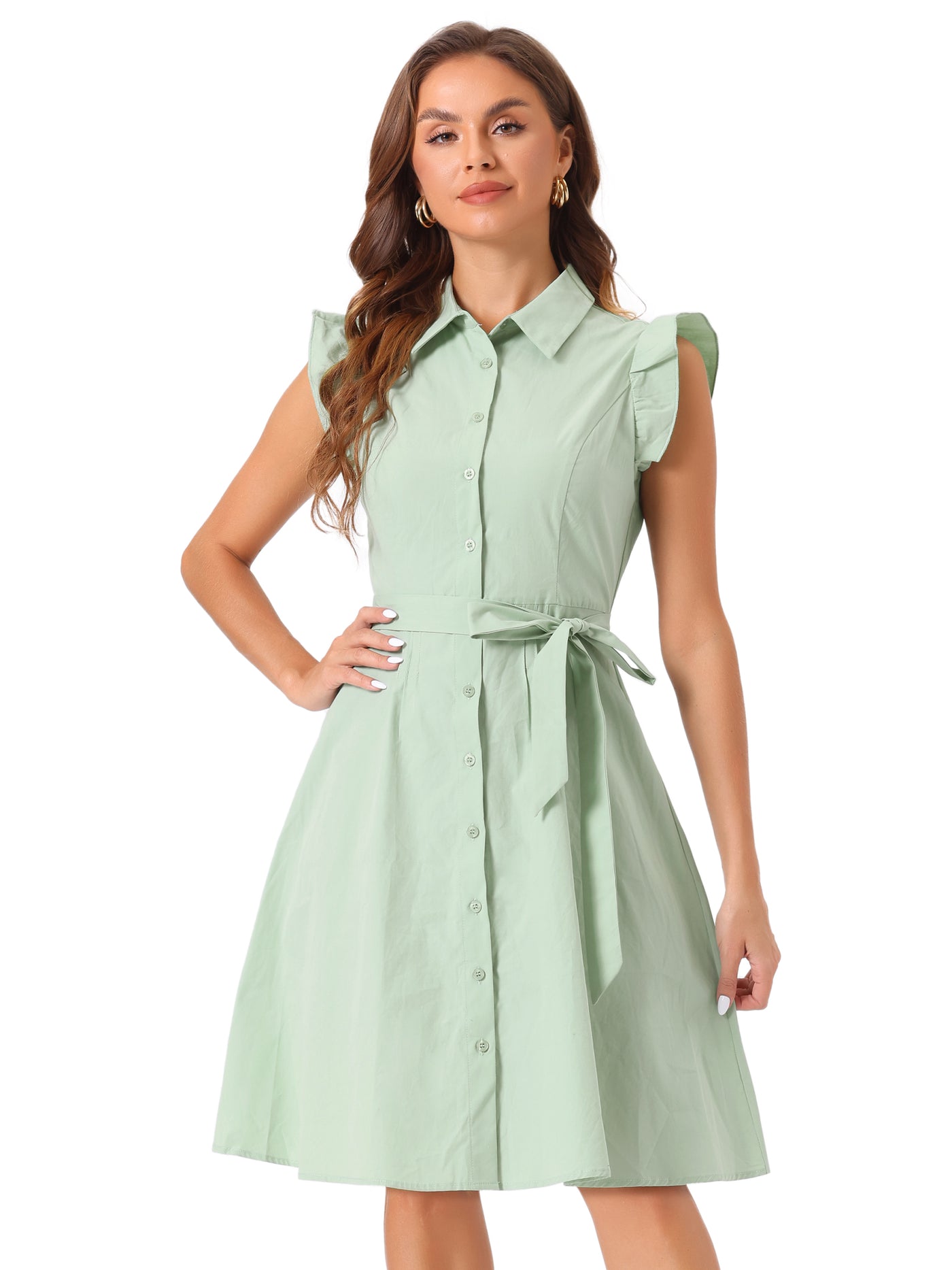 Allegra K Office Ruffled Sleeve Belted Cotton Button Midi Shirt Dress