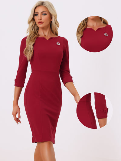 3/4 Sleeve Notch Neck Slim Fit Work Pencil Midi Dress