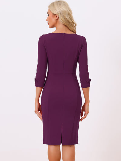 3/4 Sleeve Notch Neck Slim Fit Work Pencil Midi Dress