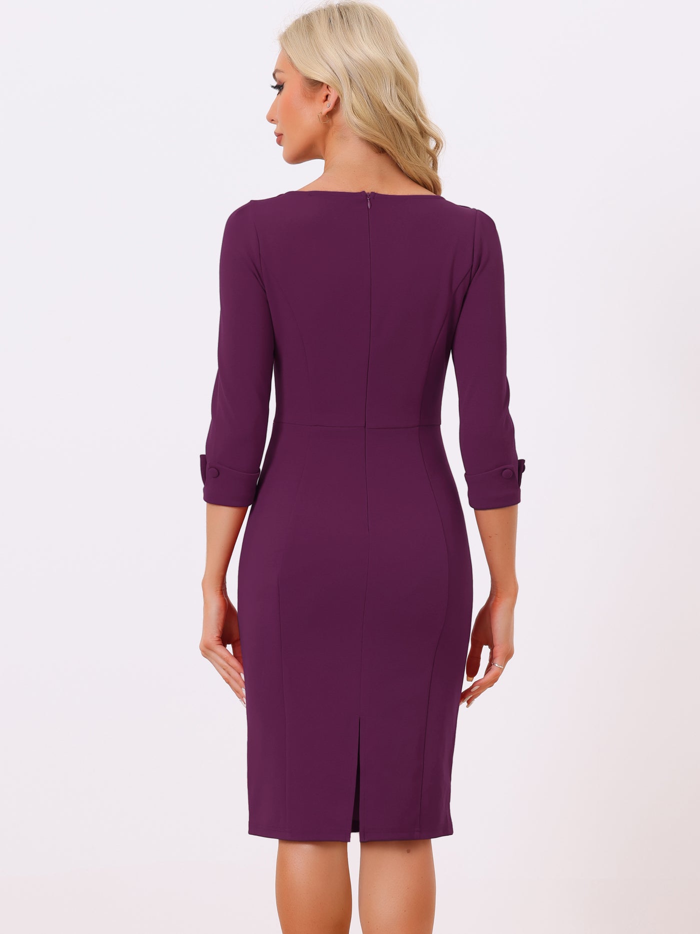 Allegra K 3/4 Sleeve Notch Neck Slim Fit Work Pencil Midi Dress