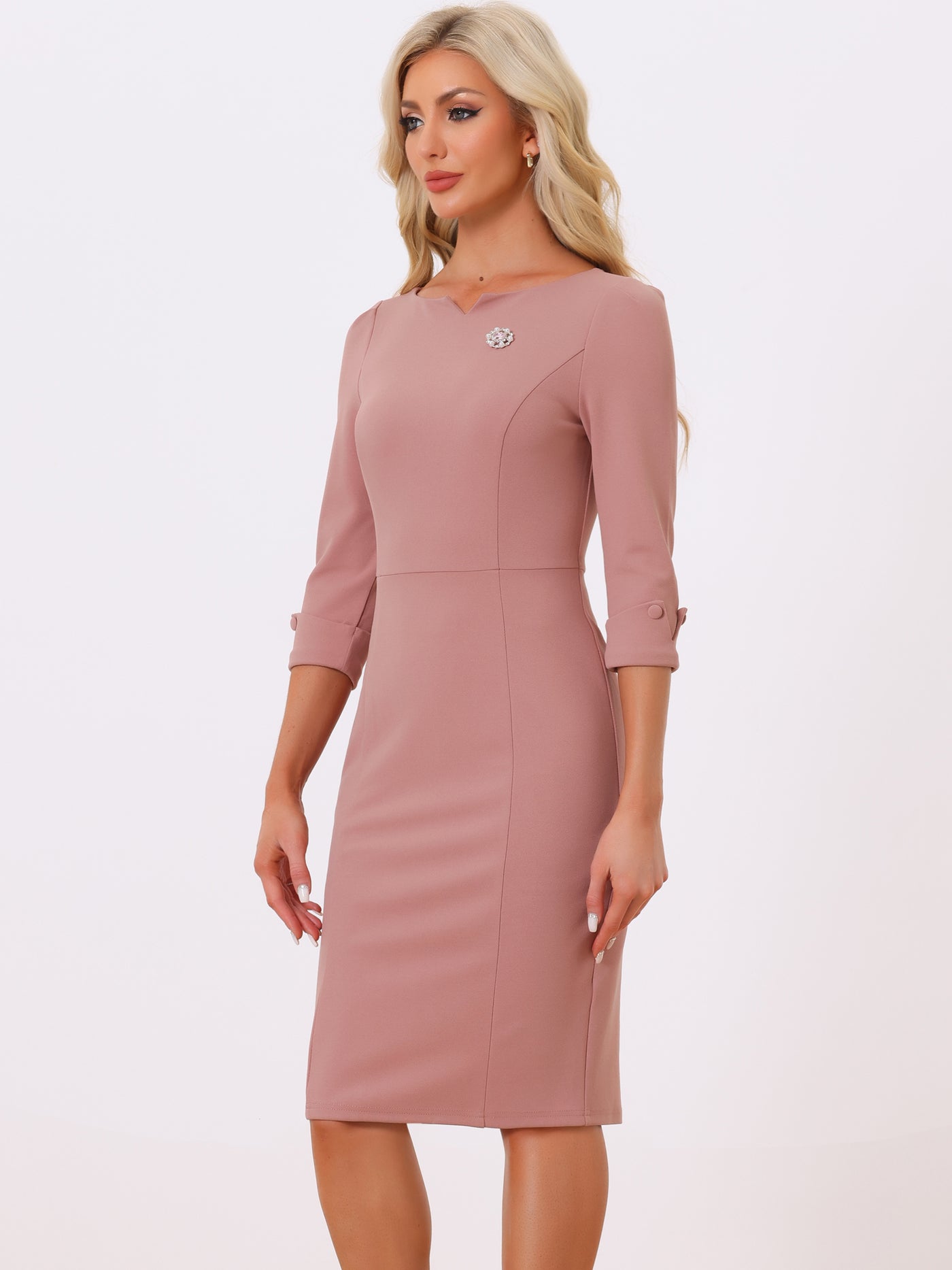 Allegra K 3/4 Sleeve Notch Neck Slim Fit Work Pencil Midi Dress