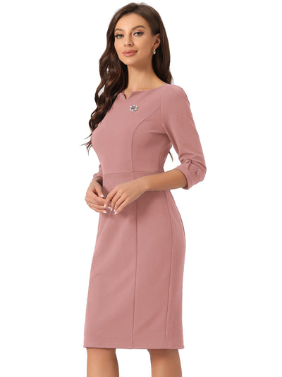 3/4 Sleeve Notch Neck Slim Fit Work Pencil Midi Dress