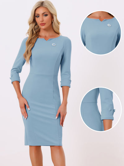 3/4 Sleeve Notch Neck Slim Fit Work Pencil Midi Dress