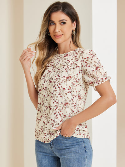 Chiffon Short Sleeve Ruffled Trim Floral Blouse Top