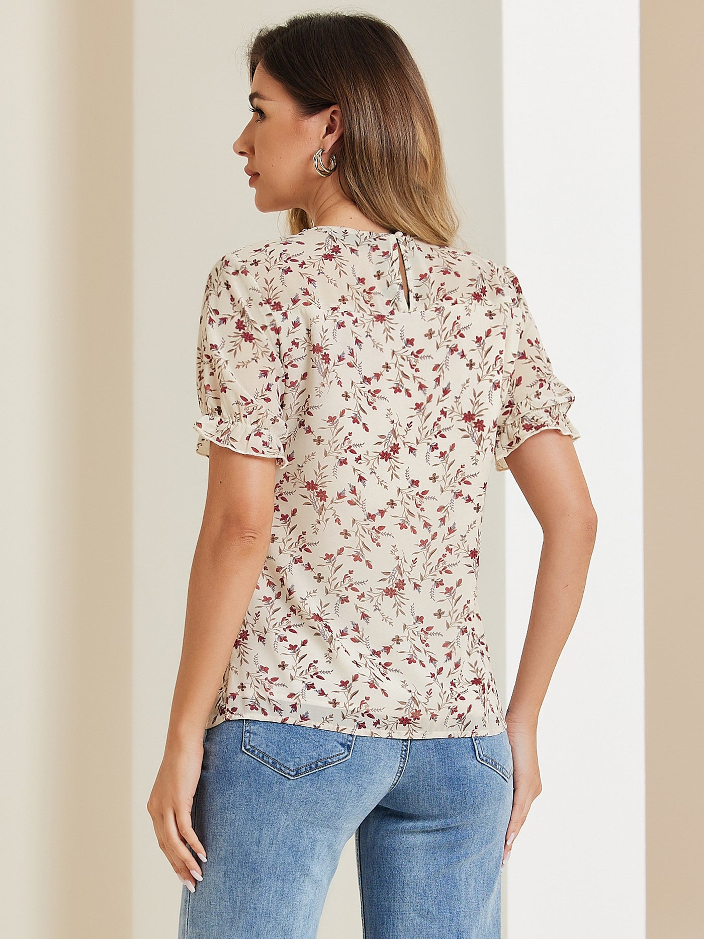 Allegra K Chiffon Short Sleeve Ruffled Trim Floral Blouse Top