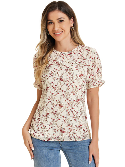 Chiffon Short Sleeve Ruffled Trim Floral Blouse Top