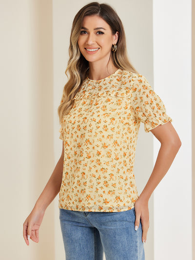 Chiffon Short Sleeve Ruffled Trim Floral Blouse Top