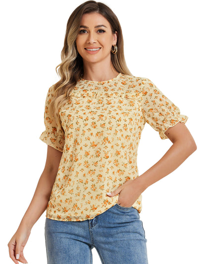 Chiffon Short Sleeve Ruffled Trim Floral Blouse Top