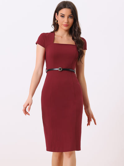 Cap Sleeve Belted Square Neck Midi Sheath Dress