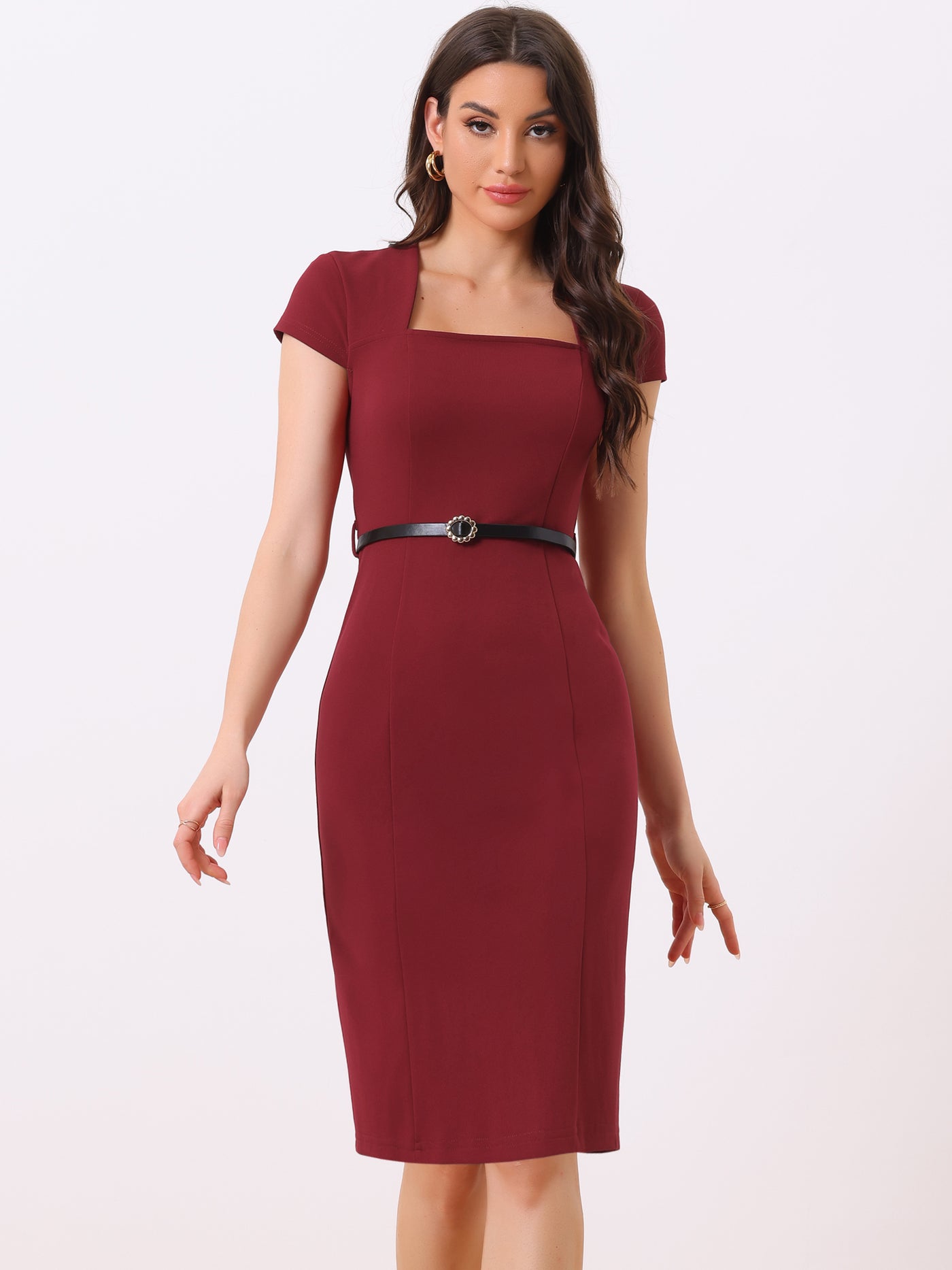 Allegra K Cap Sleeve Belted Square Neck Midi Sheath Dress