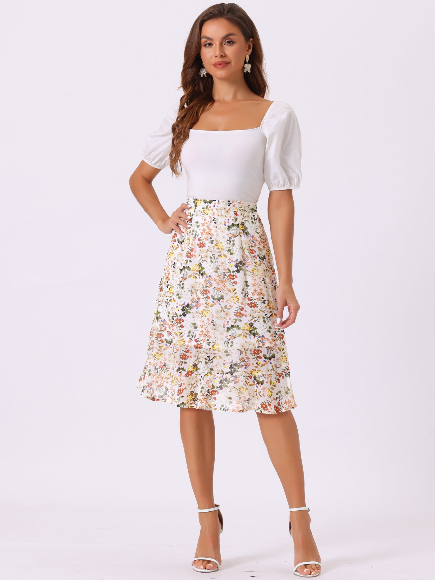 Allegra K Floral Ruffle Elastic High Waist Button Flowy Split Midi Skirt