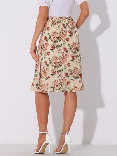 Floral Ruffle Elastic High Waist Button Flowy Split Midi Skirt