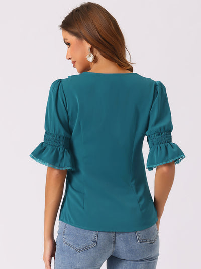 Ruffle Puff Sleeve Lace Trim Chiffon Peasant Blouse