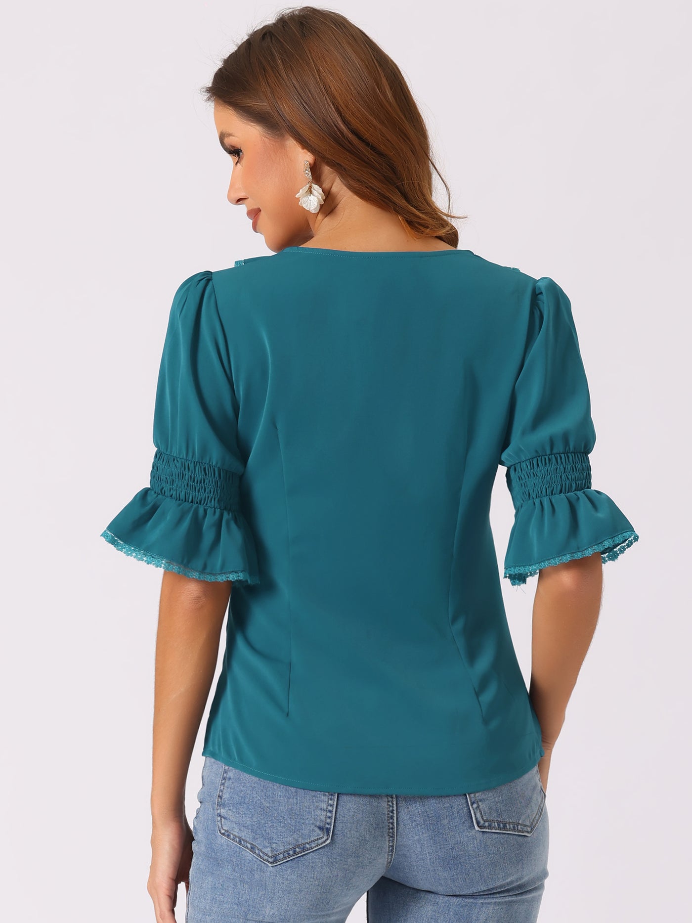 Allegra K Ruffle Puff Sleeve Lace Trim Chiffon Peasant Blouse