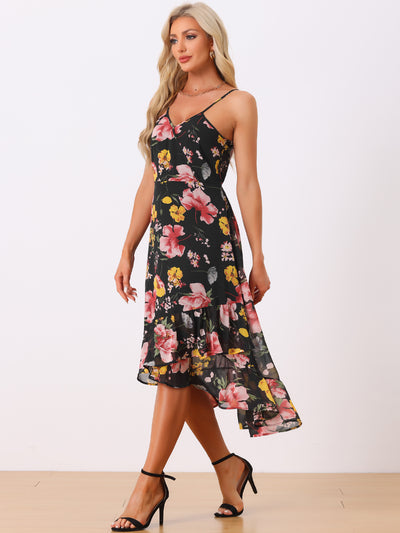 Floral Spaghetti Strap Sleeveless V Neck Ruffle Hem Midi Dress