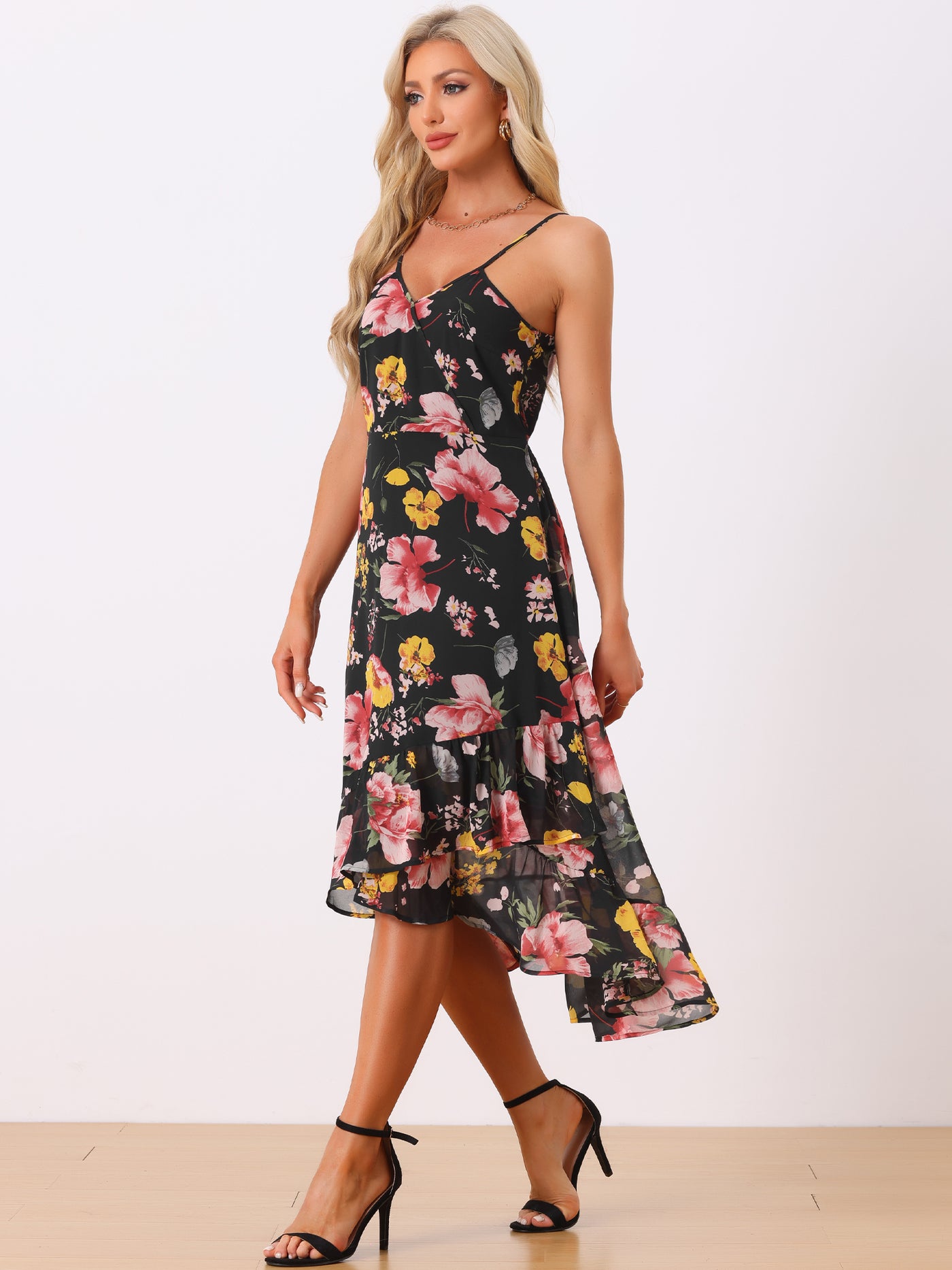 Allegra K Floral Spaghetti Strap Sleeveless V Neck Ruffle Hem Midi Dress