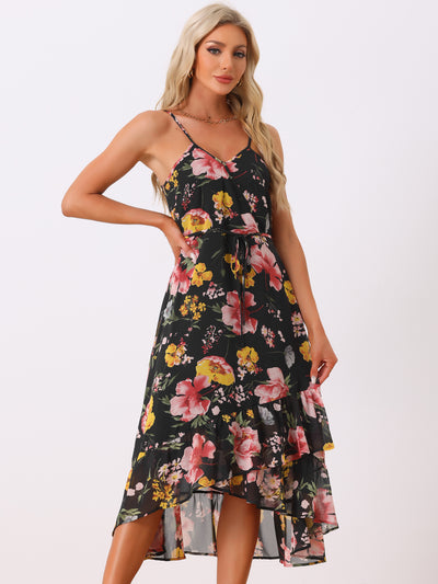 Floral Spaghetti Strap Sleeveless V Neck Ruffle Hem Midi Dress