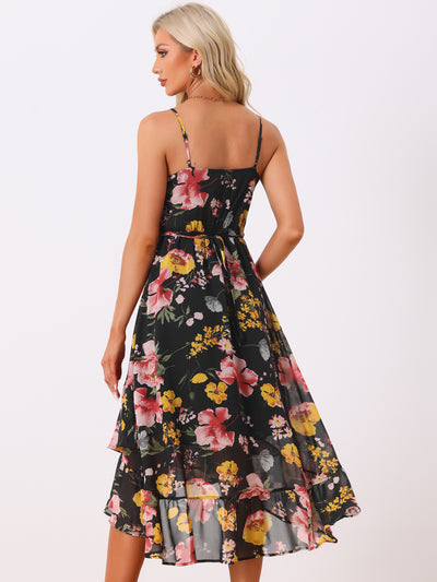 Floral Spaghetti Strap Sleeveless V Neck Ruffle Hem Midi Dress