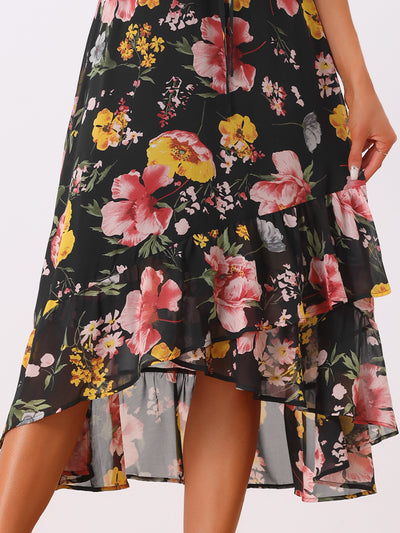 Floral Spaghetti Strap Sleeveless V Neck Ruffle Hem Midi Dress