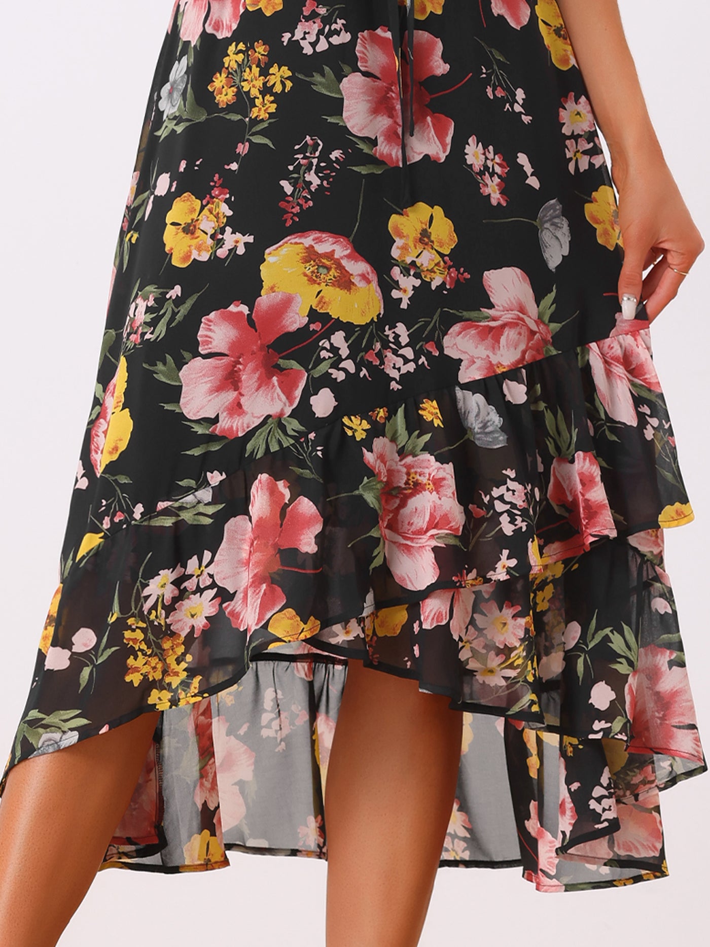 Allegra K Floral Spaghetti Strap Sleeveless V Neck Ruffle Hem Midi Dress