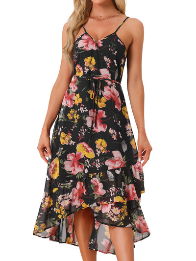 Floral Spaghetti Strap Sleeveless V Neck Ruffle Hem Midi Dress