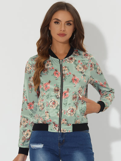 Stand Collar Zip Up Floral Print Bomber Jacket