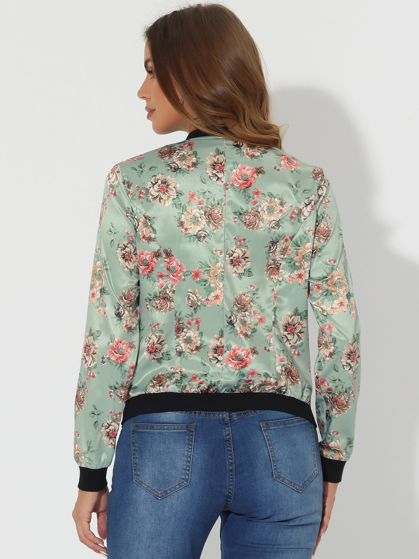 Allegra K Stand Collar Zip Up Floral Print Bomber Jacket