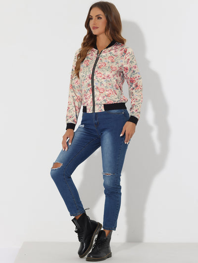 Stand Collar Zip Up Floral Print Bomber Jacket