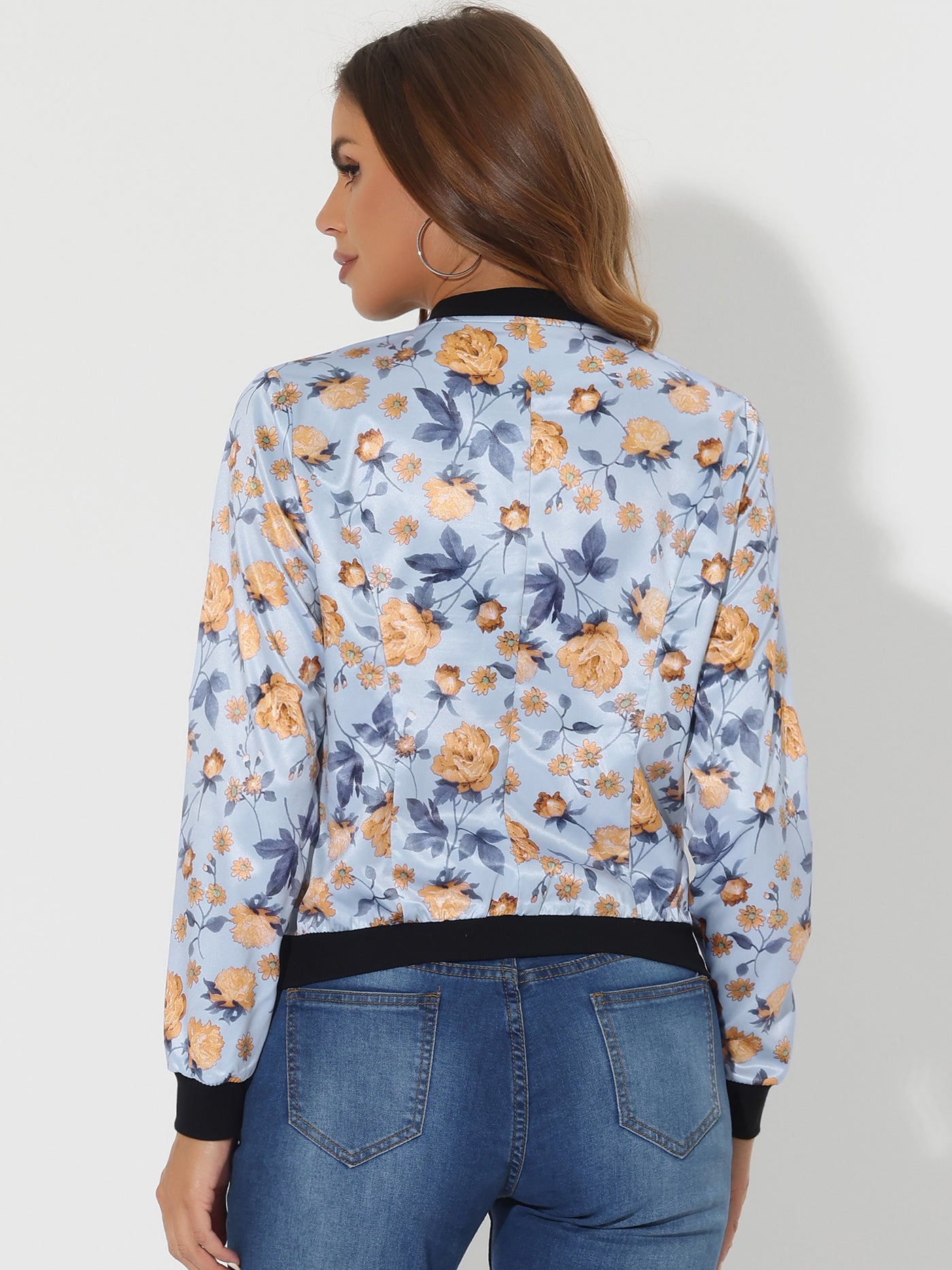 Allegra K Stand Collar Zip Up Floral Print Bomber Jacket