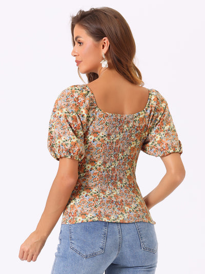 Puff Sleeve Square Neck Peasant Floral Blouse Top