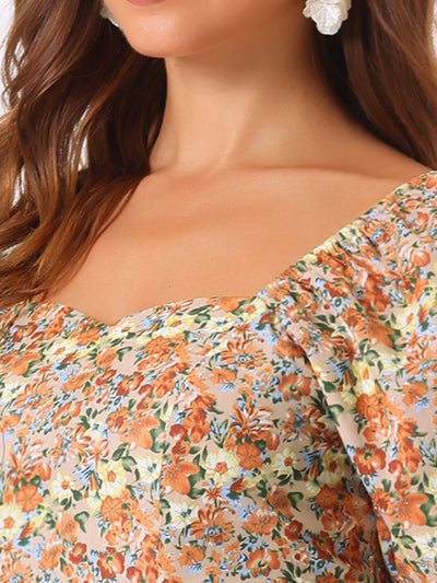 Puff Sleeve Square Neck Peasant Floral Blouse Top