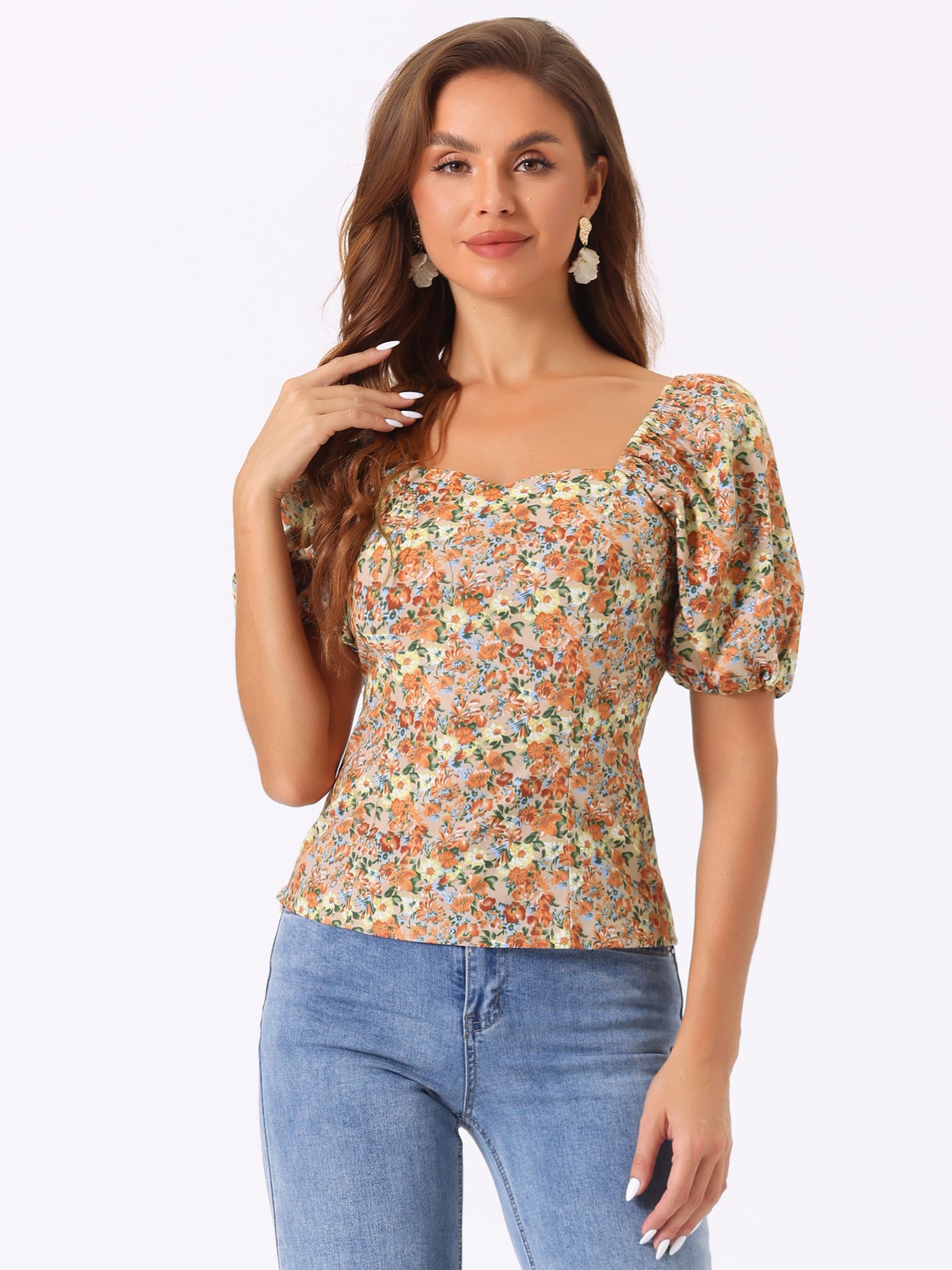 Allegra K Puff Sleeve Square Neck Peasant Floral Blouse Top