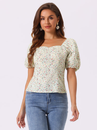 Puff Sleeve Square Neck Peasant Floral Blouse Top