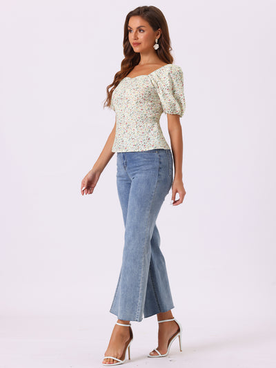 Puff Sleeve Square Neck Peasant Floral Blouse Top