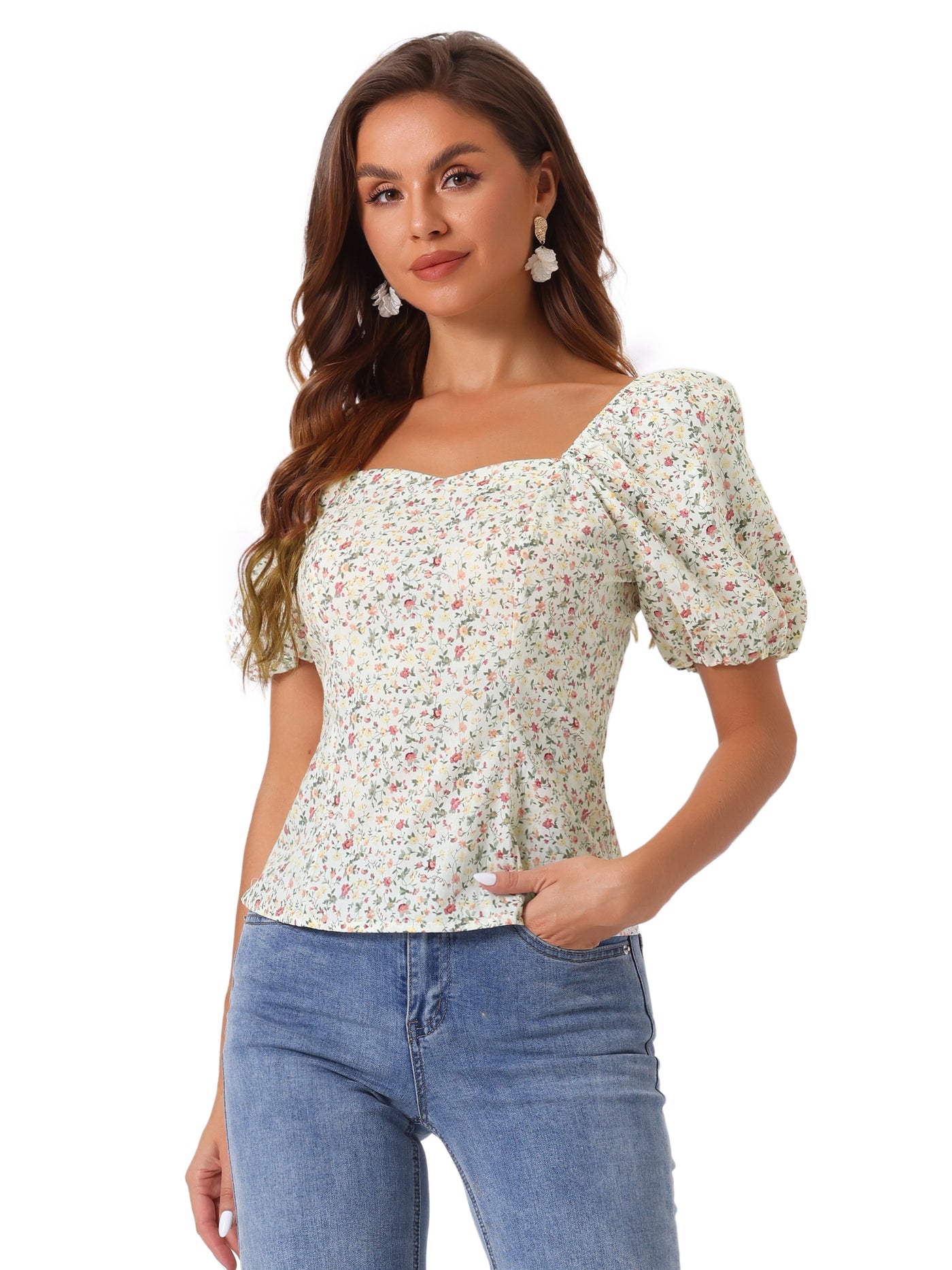 Allegra K Puff Sleeve Square Neck Peasant Floral Blouse Top