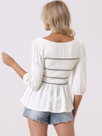 Boho Smocked 3/4 Sleeve Ruffle Square Neck Peplum Blouse