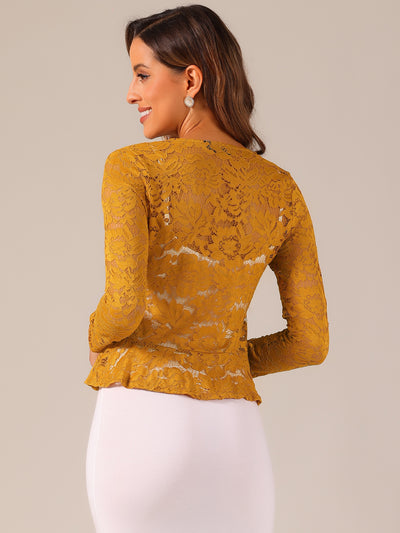 Floral Lace Tie Front Ruffled Hem Sheer Crop Bolero Shrug