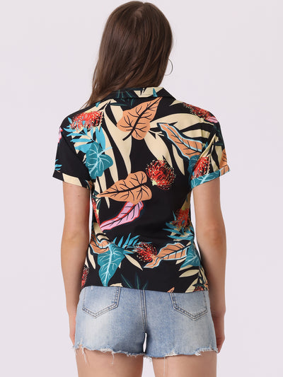 Hawaiian Floral Leaves Printed Short Sleeve Tropical Button Shirt