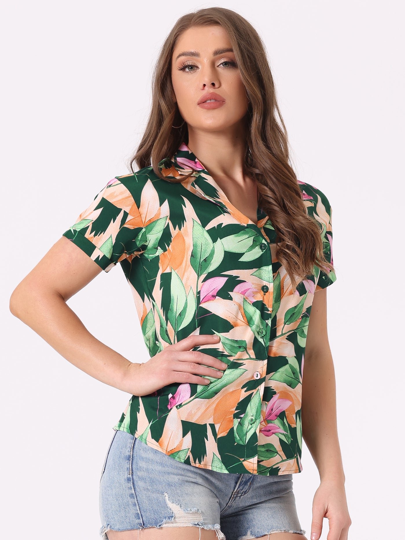 Allegra K Hawaiian Tropical Leaves Floral Short Sleeve Button Down Shirt