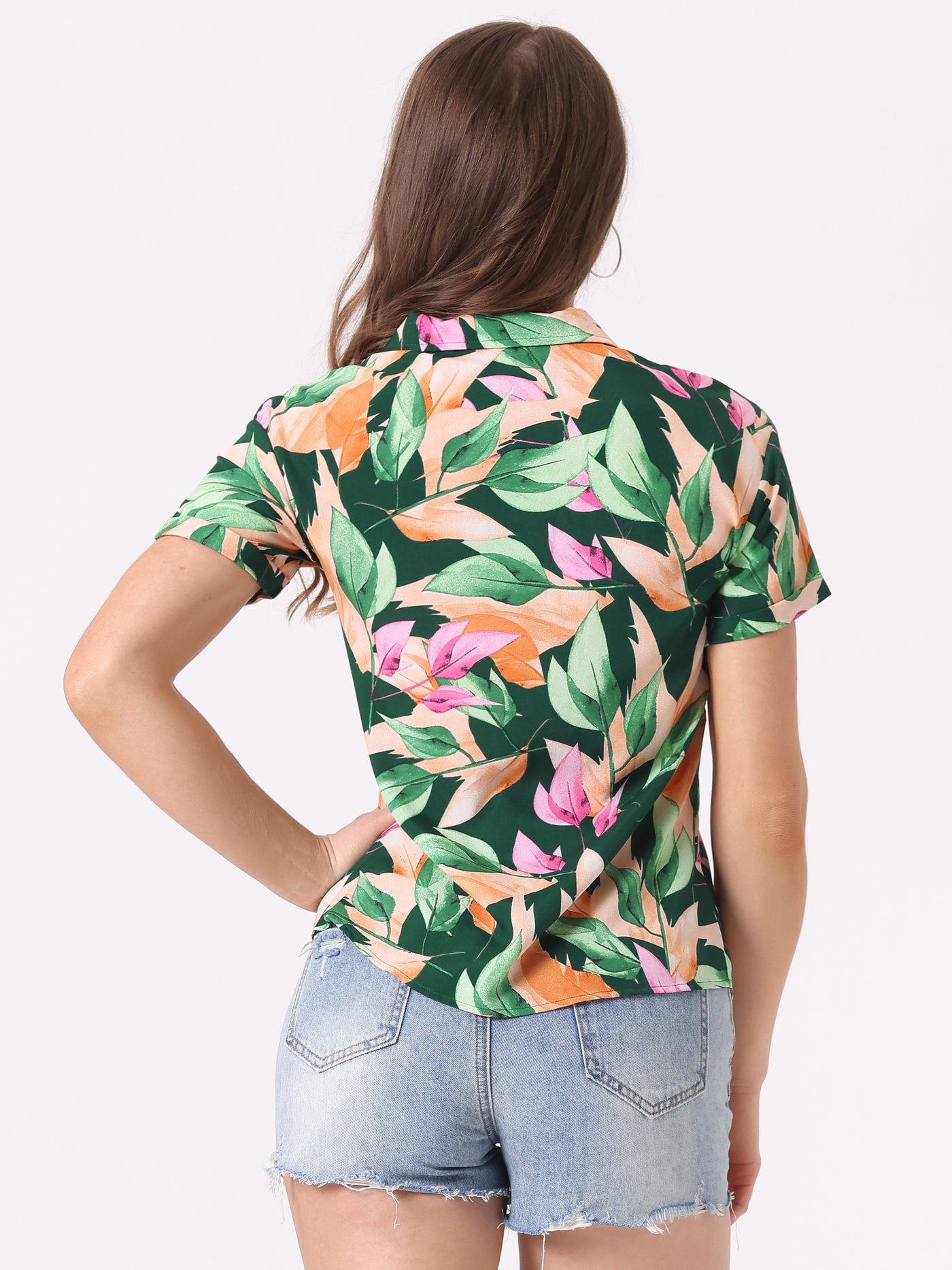 Allegra K Hawaiian Tropical Leaves Floral Short Sleeve Button Down Shirt