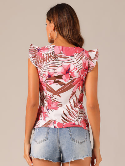 Tropical Printed Square Neck Ruffle Sleeve Tank Top