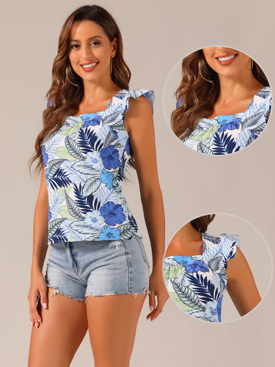 Tropical Printed Square Neck Ruffle Sleeve Tank Top