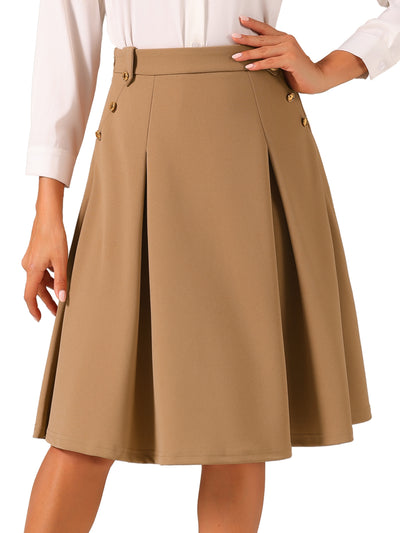 Women's High Waist Button Decor Vintage Pleated Flared Midi Skirt