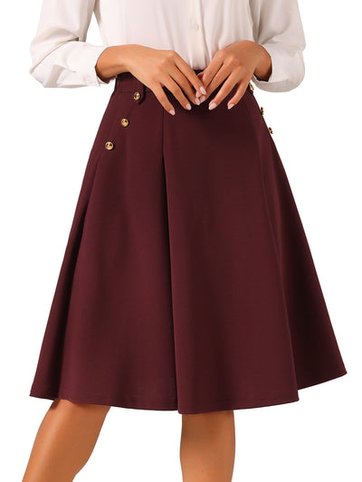 Women's High Waist Button Decor Vintage Pleated Flared Midi Skirt