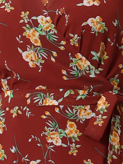 Chiffon Floral V Neck Tie Waist Bishop Sleeve Casual Wrap Midi Dress