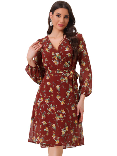 Chiffon Floral V Neck Tie Waist Bishop Sleeve Casual Wrap Midi Dress