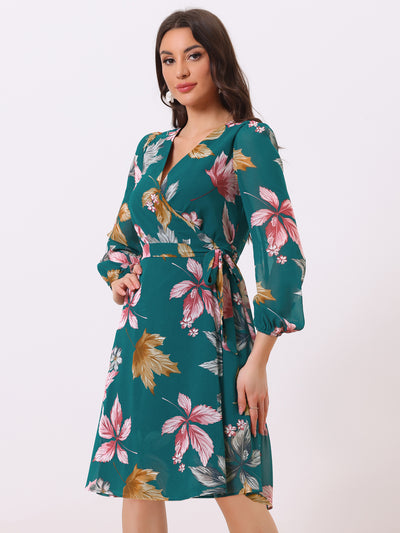 Chiffon Floral V Neck Tie Waist Bishop Sleeve Casual Wrap Midi Dress