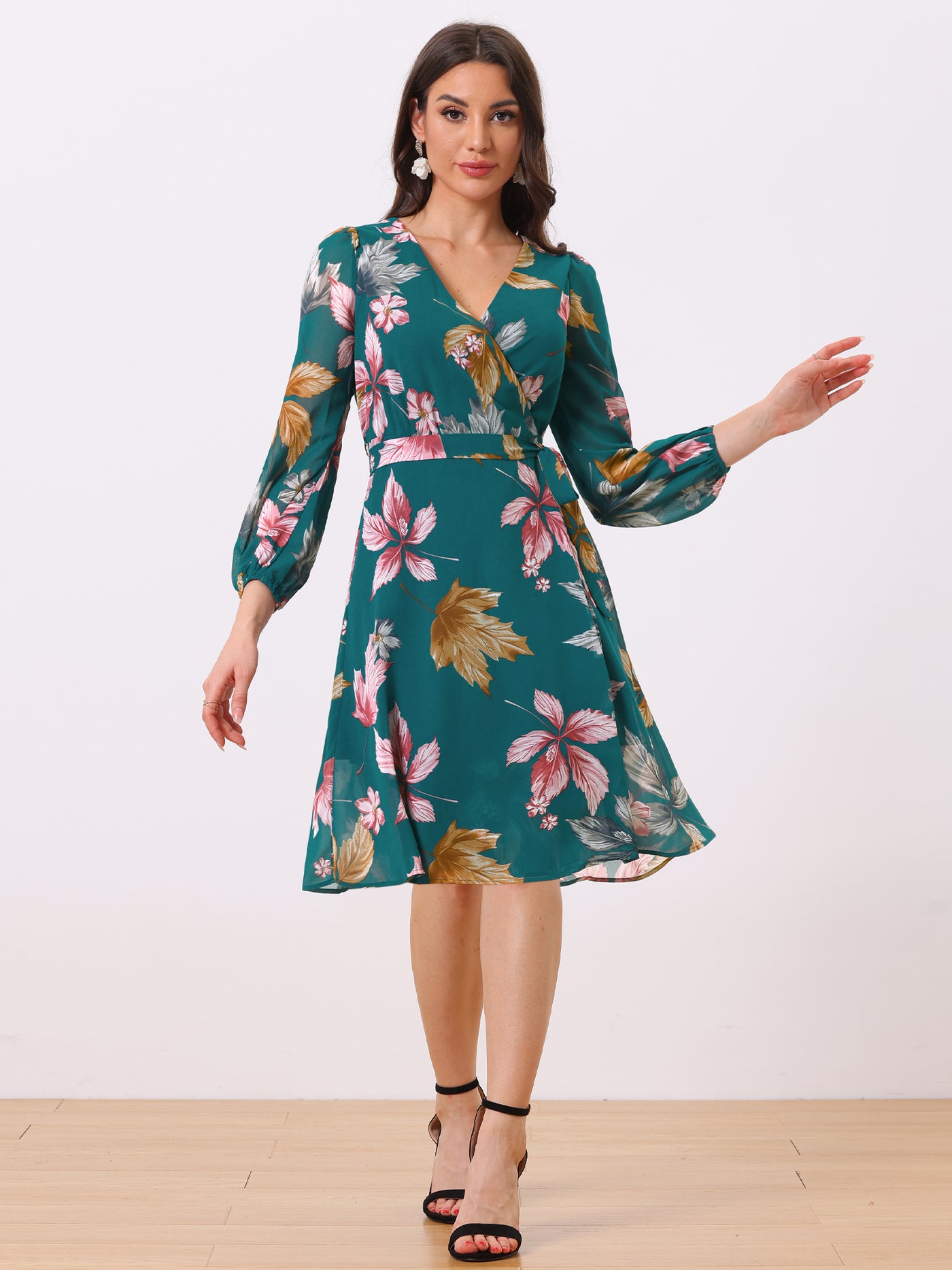 Allegra K Chiffon Floral V Neck Tie Waist Bishop Sleeve Casual Wrap Midi Dress