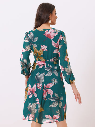 Chiffon Floral V Neck Tie Waist Bishop Sleeve Casual Wrap Midi Dress